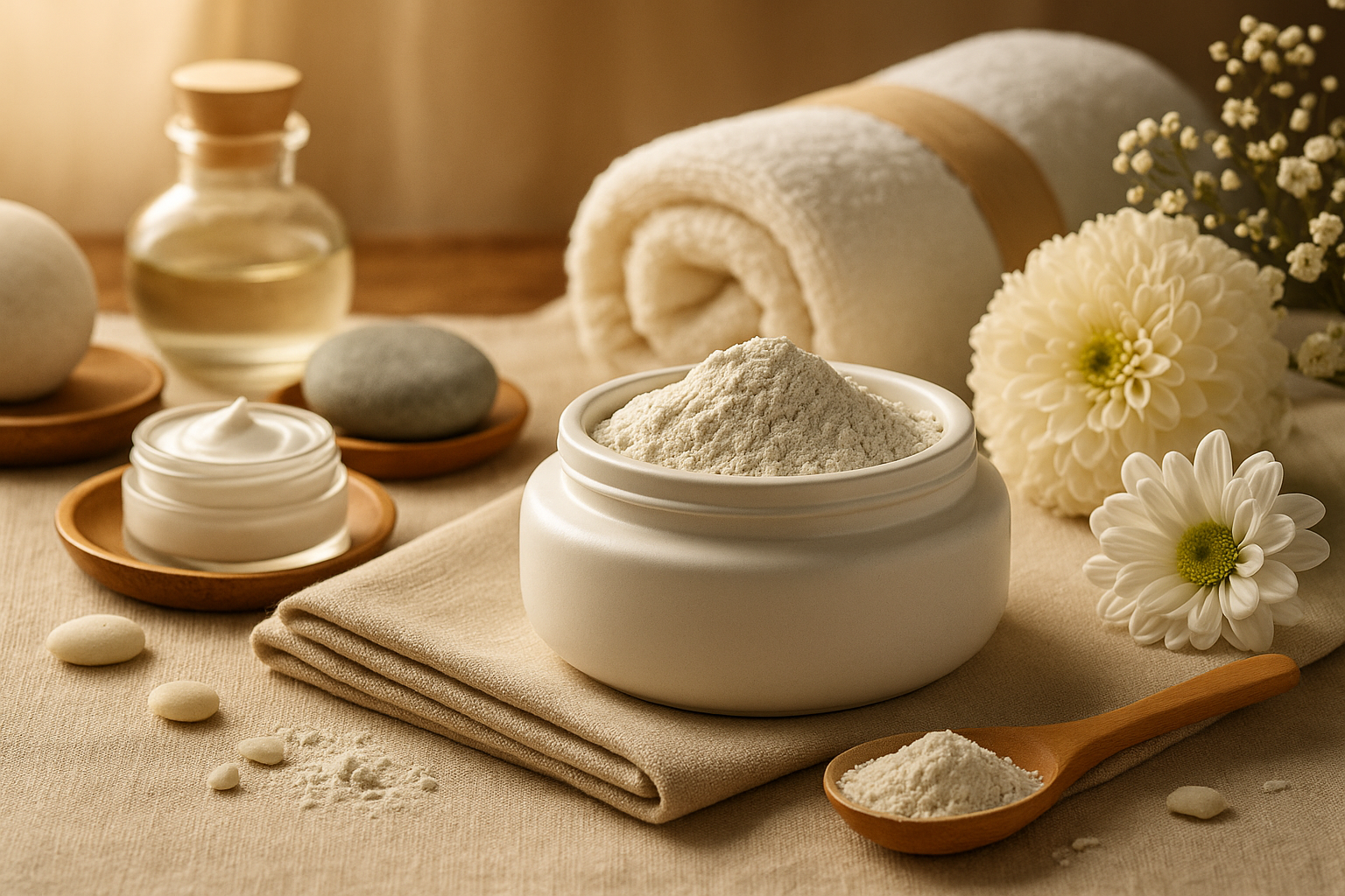 Pote com argila branca em pó sobre toalha de algodão, colher de madeira e flores brancas, representando cuidados naturais para pele e couro cabeludo.