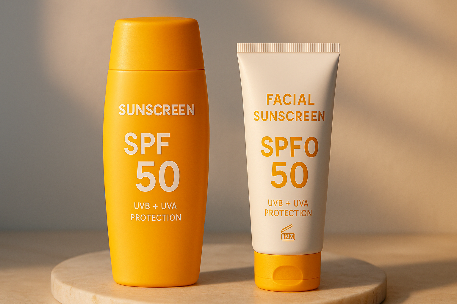 Protetor solar facial e corporal lado a lado em cenário iluminado e sofisticado