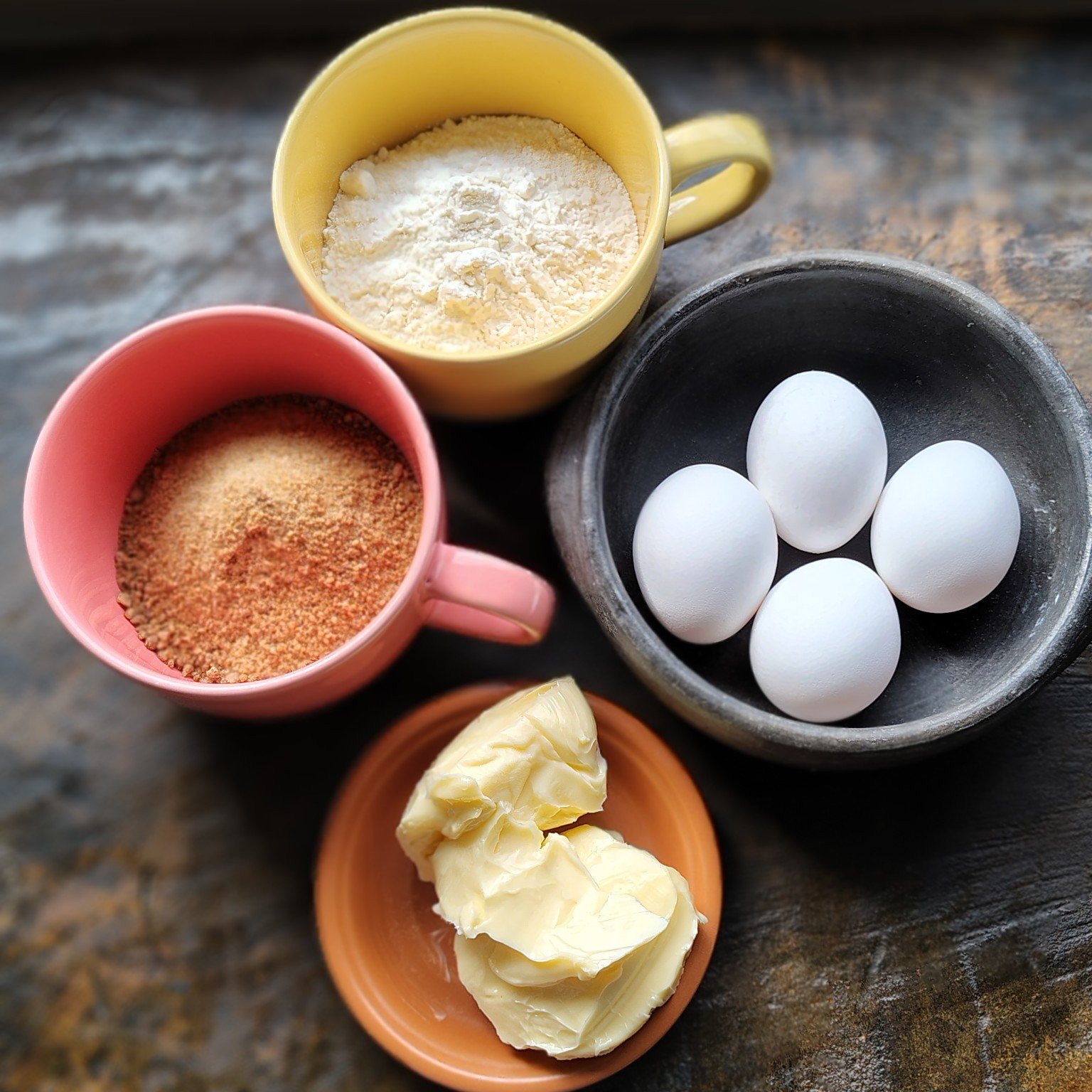 Ingredientes do bolo com 4 ingredientes: açúcar mascavo, farinha, ovos e manteiga