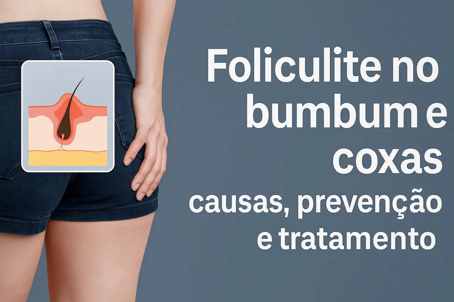 Ilustração realista de mulher com short jeans mostrando foliculite no bumbum, com destaque para causas, prevenção e tratamento.