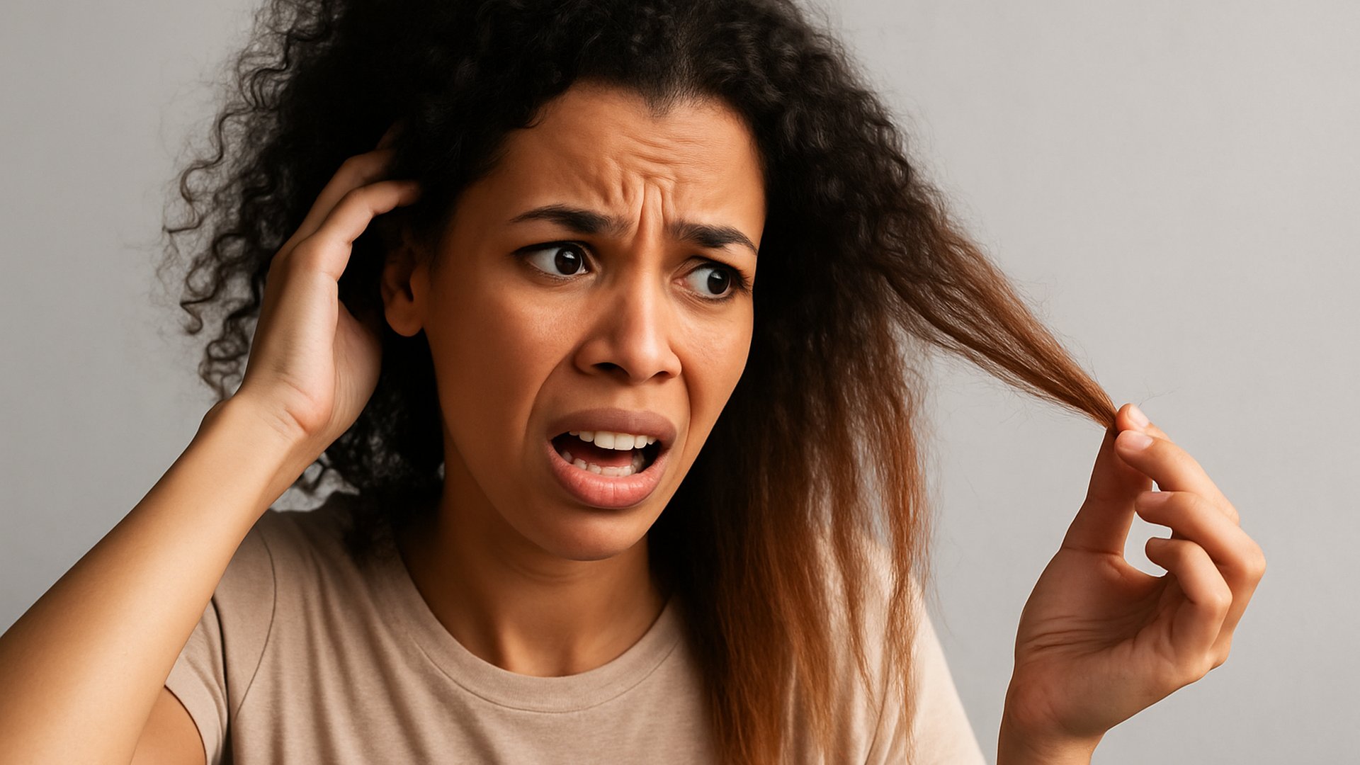 Mulher em transição capilar com raiz cacheada e pontas alisadas, expressão de frustração em fundo neutro.