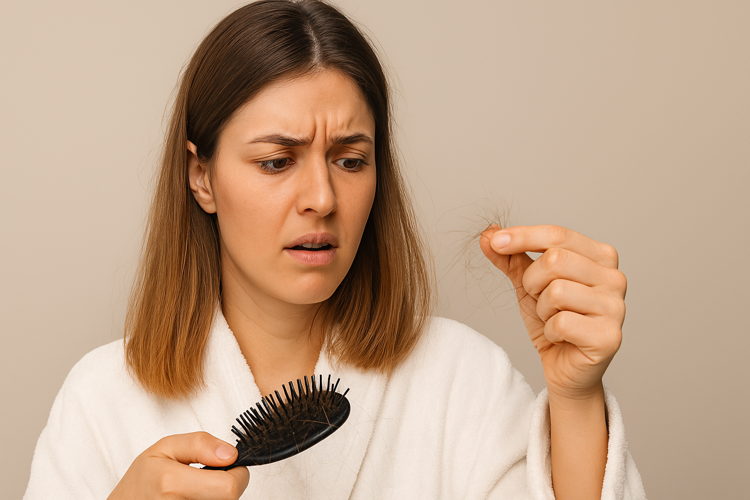 Mulher preocupada observando os fios de cabelo na escova, simbolizando queda capilar