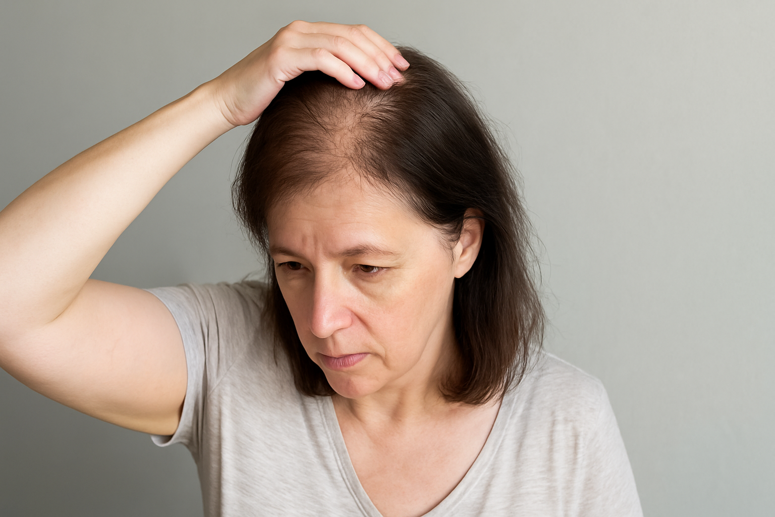 Mulher de meia-idade com cabelo ralo observando o couro cabeludo com expressão preocupada