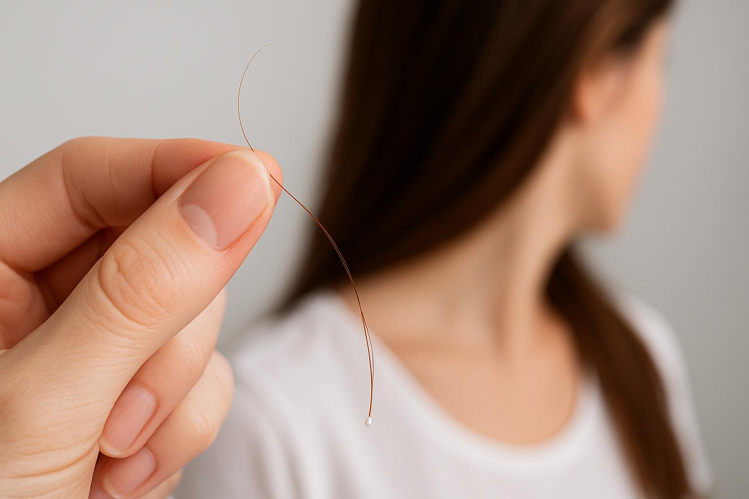 Mão segurando um fio de cabelo com bolinha branca na ponta, representando dúvida sobre o folículo piloso
