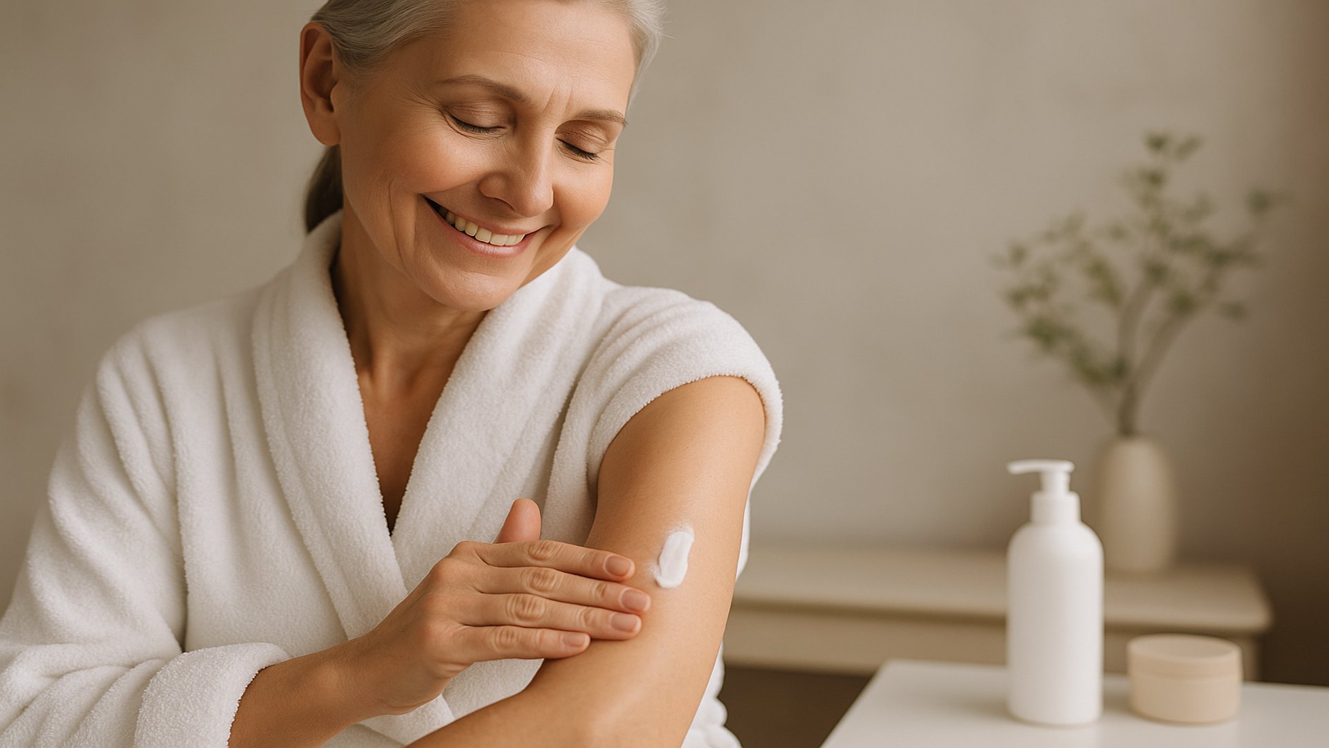 Mulher madura aplicando hidratante corporal no braço com expressão de bem-estar