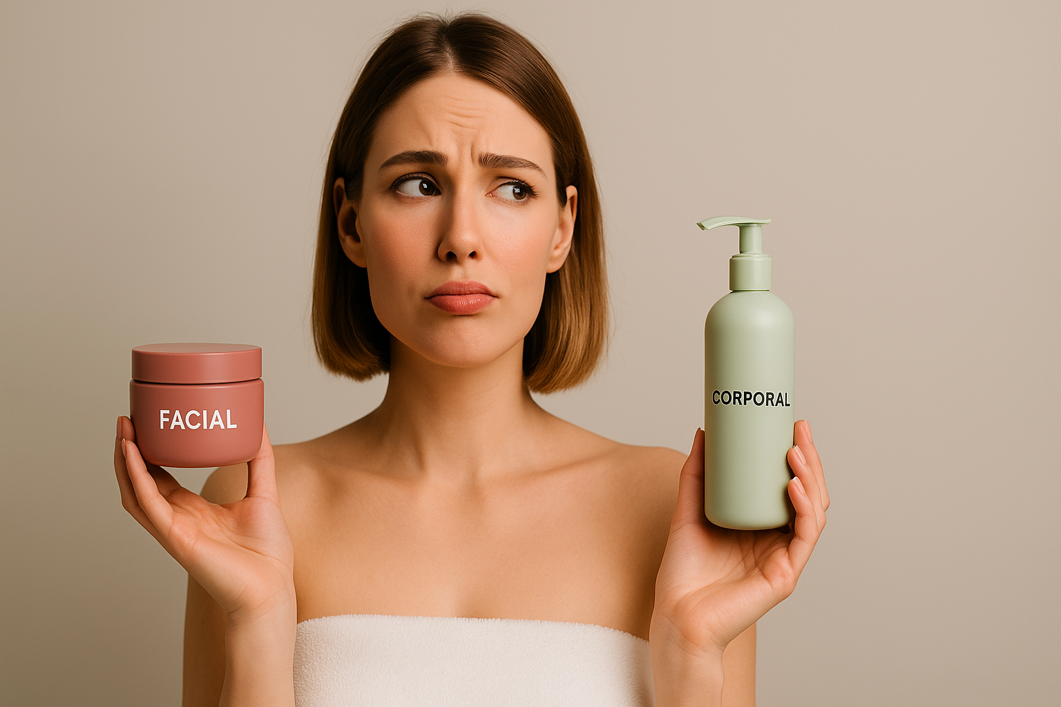 Mulher com expressão de dúvida segurando hidratante corporal e creme facial, refletindo sobre usar hidratante corporal no rosto