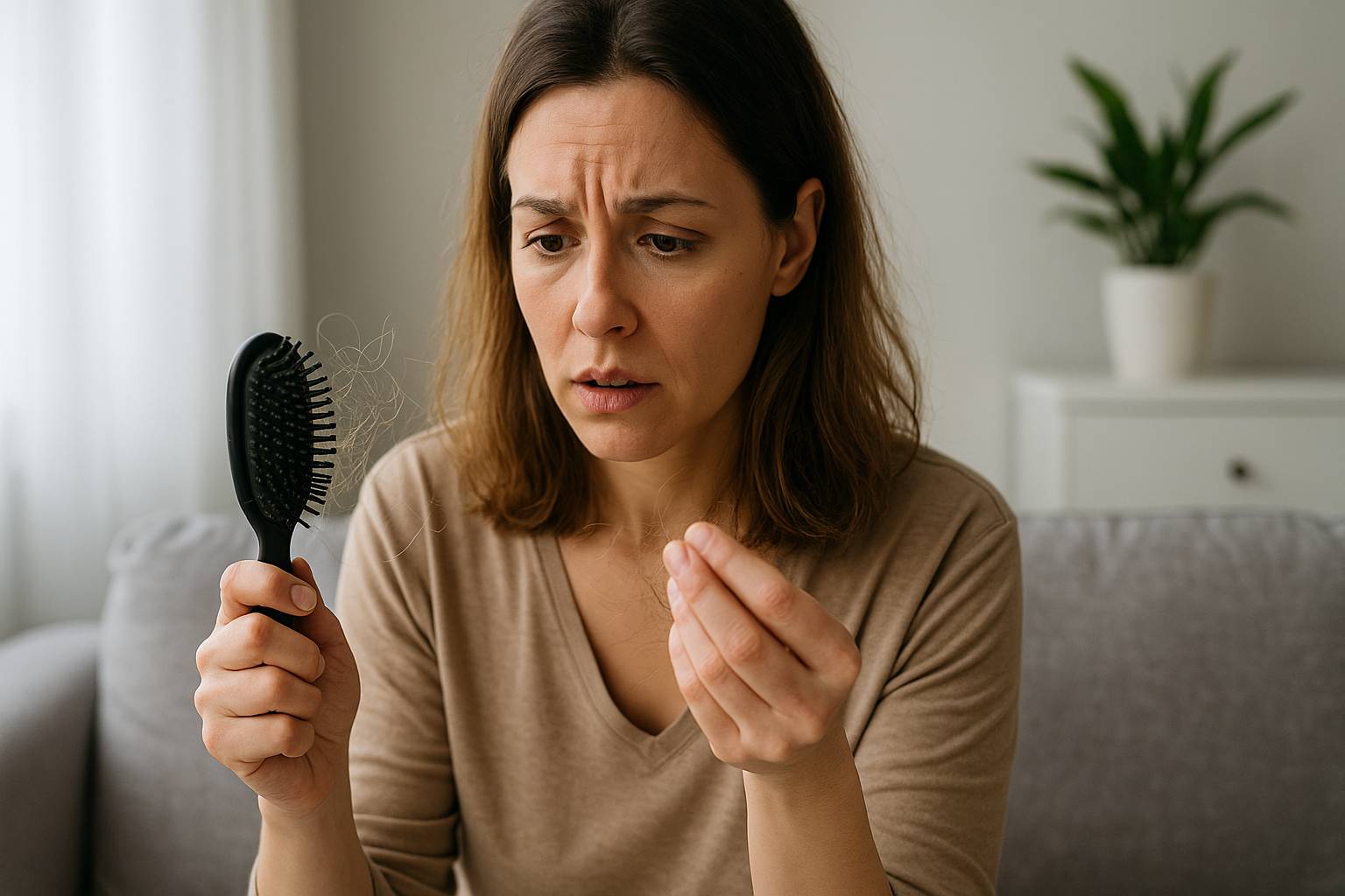 Mulher preocupada observando tufos de cabelo na escova após bariátrica