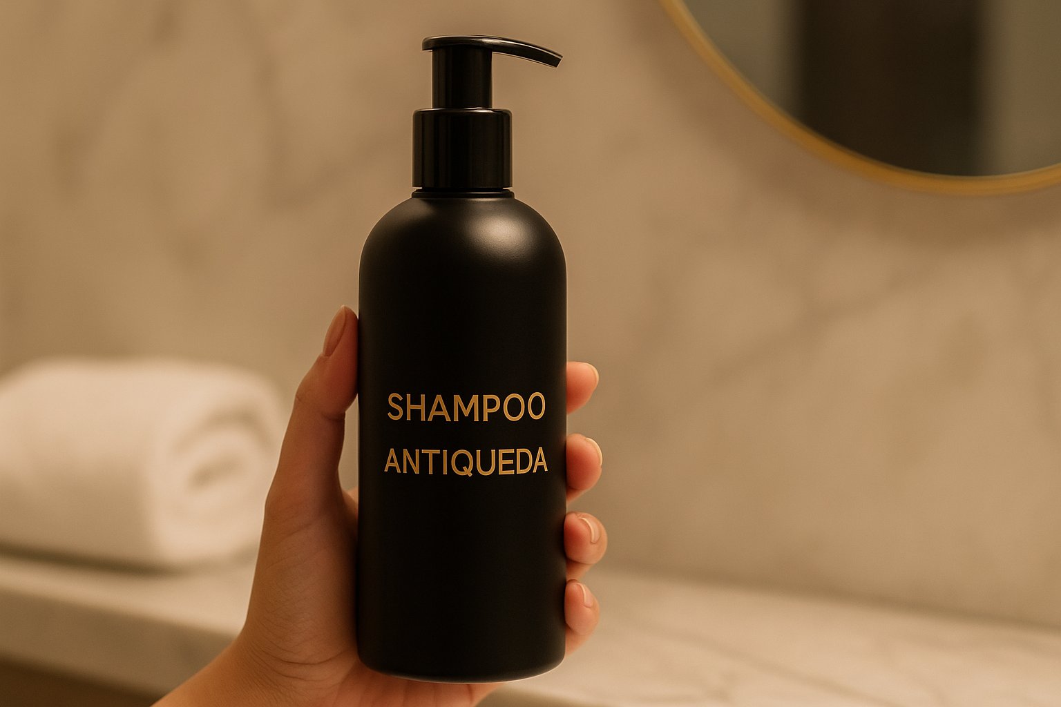 Mão segurando embalagem de shampoo para queda de cabelo com design preto e letras douradas