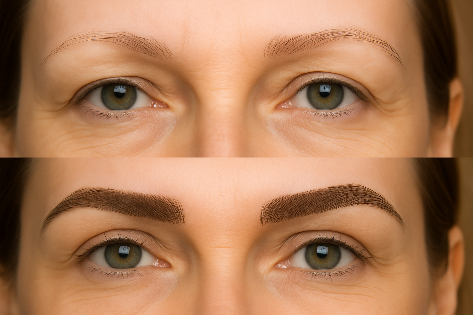 Antes e depois realista da reconstrução de sobrancelhas em mulher madura