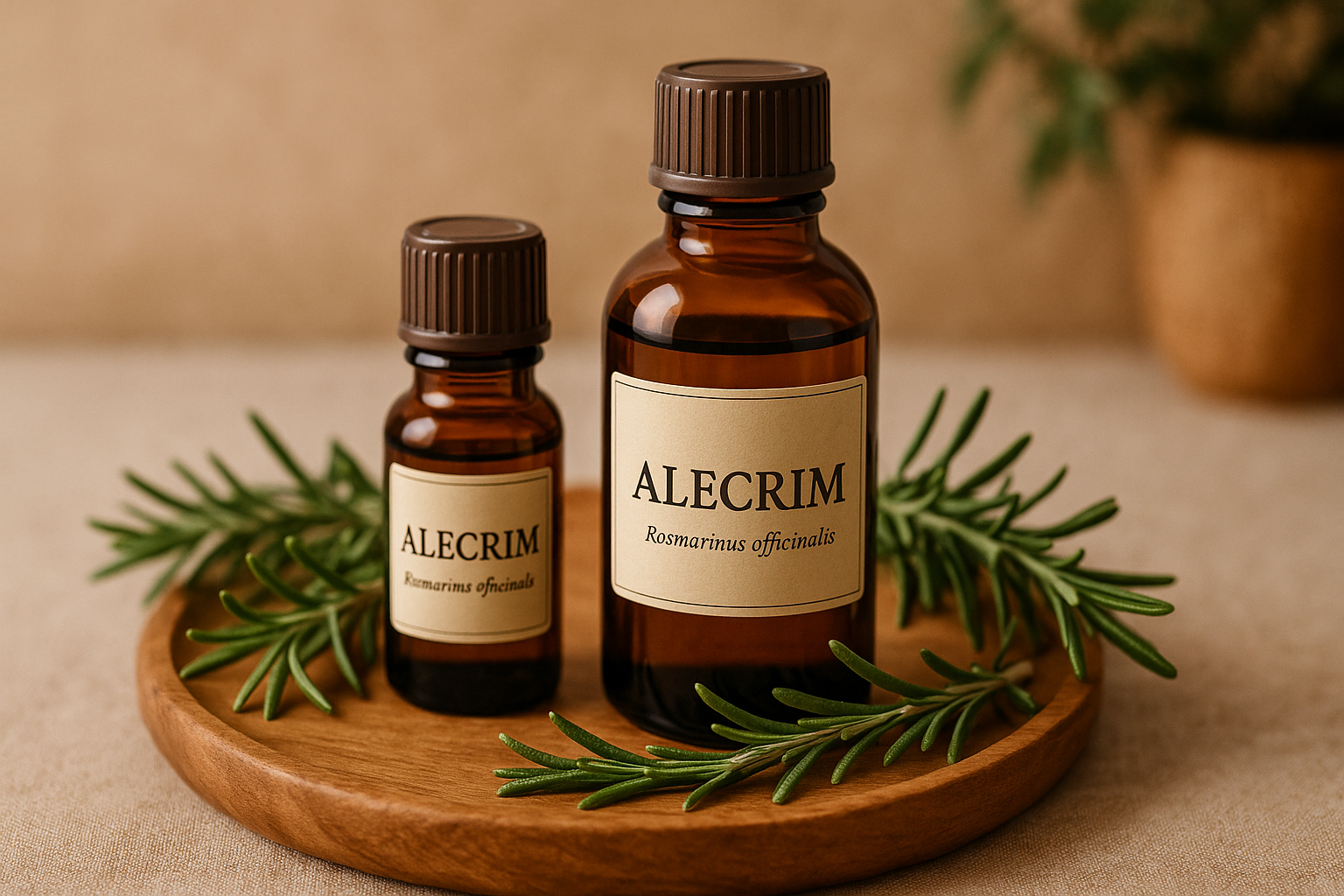 Frascos de óleo essencial de alecrim sobre tábua de madeira com folhas frescas, representando seus benefícios para o crescimento do cabelo.