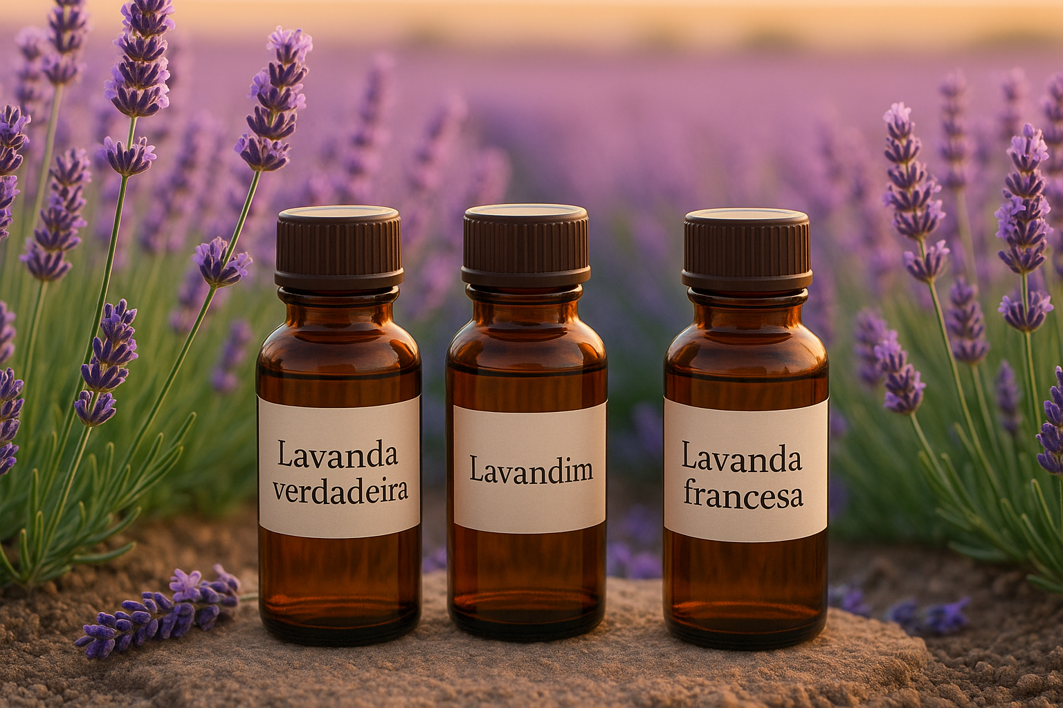 Três frascos de óleo essencial de lavanda com rótulos Lavanda verdadeira, Lavandim e Lavanda francesa em frente a um campo de lavandas.
