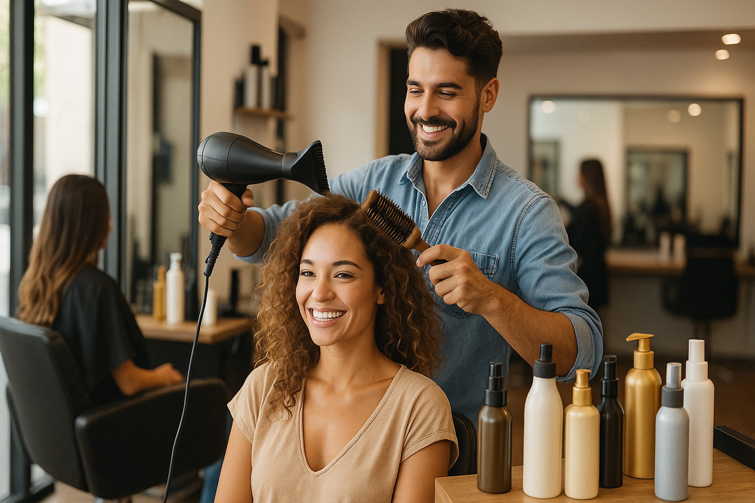 Cabeleireiro homem fazendo escova em cliente no salão, com óleos finalizadores para cabelo na bancada.