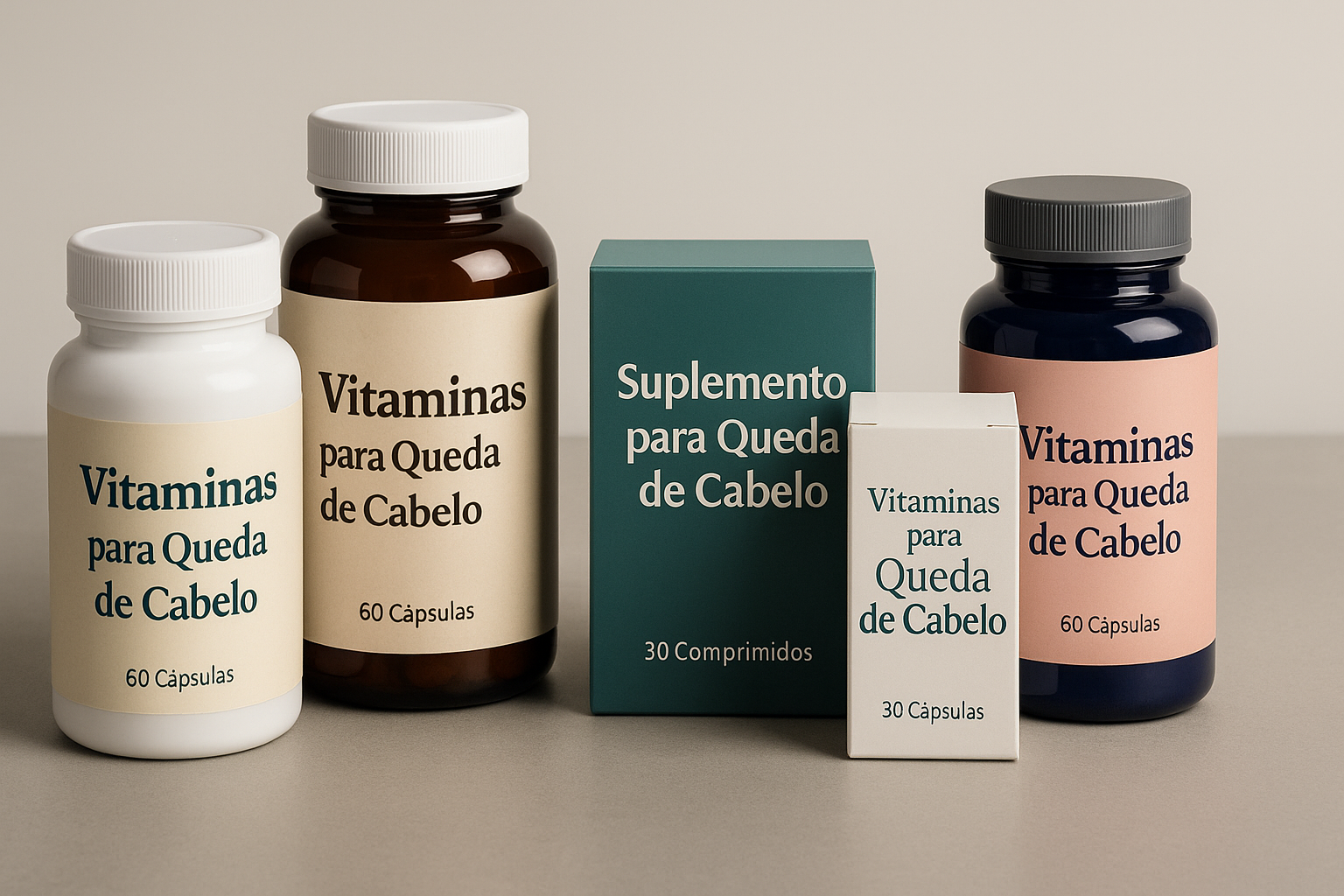suplementos e vitaminas para queda de cabelo em embalagens realistas