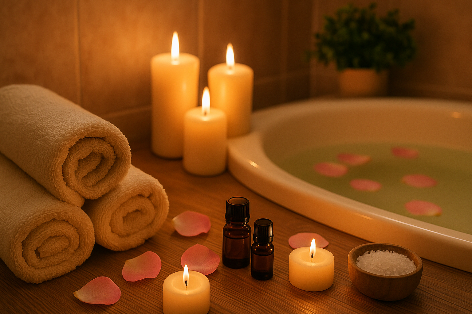 Banho aromático para ansiedade com toalhas enroladas, velas acesas e óleos essenciais em ambiente acolhedor