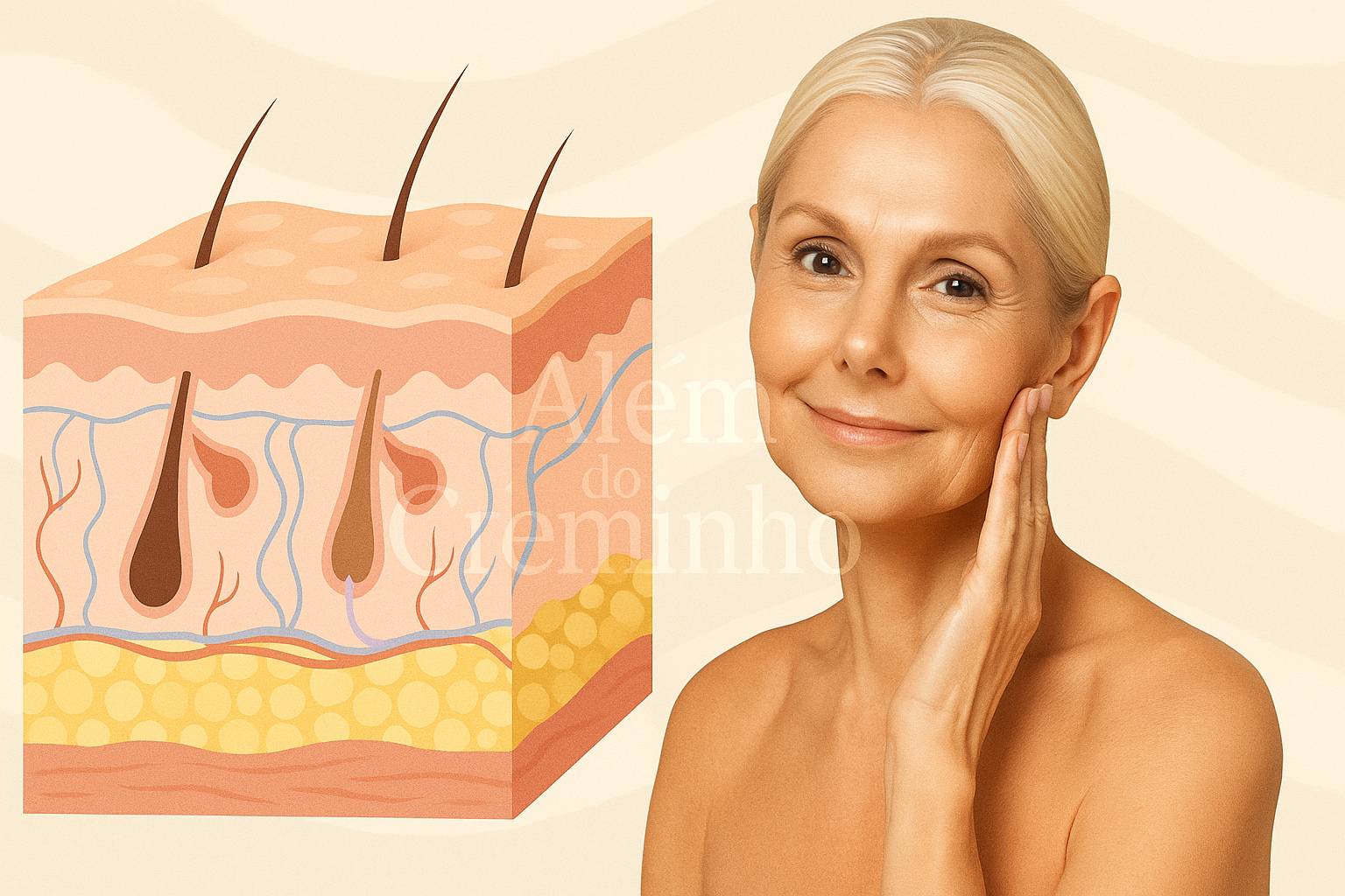 Ilustração da barreira cutânea com camadas da pele e mulher madura com pele saudável