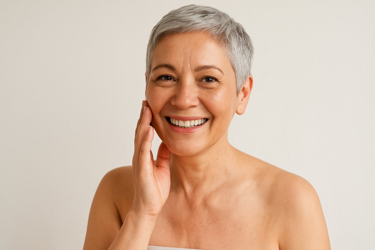 Mulher de 50 anos com cabelo curto grisalho e pele saudável sorrindo, ilustrando artigo sobre Cicaplast