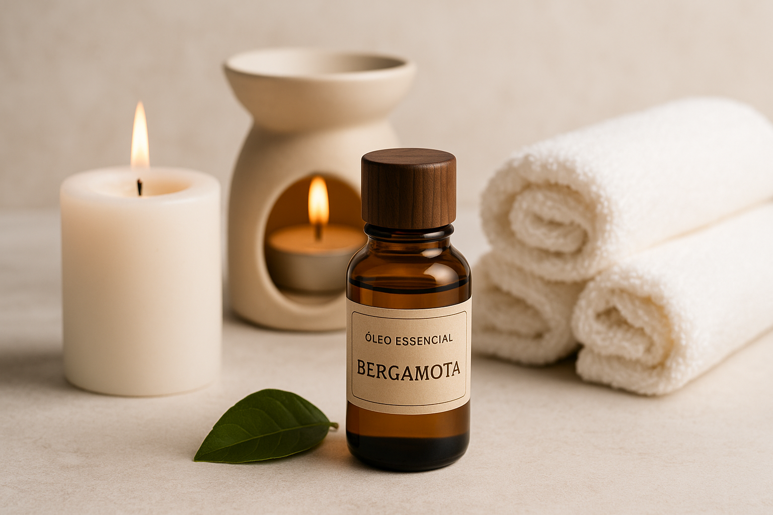 Óleo essencial de bergamota em frasco âmbar ao lado de difusor, vela e toalhas em cenário de spa.