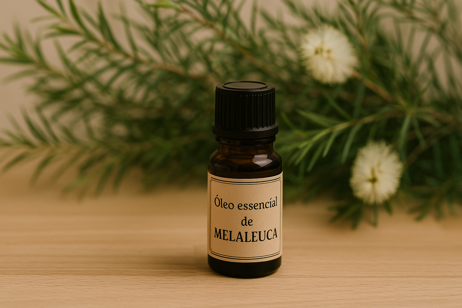 Óleo essencial de melaleuca em frasco âmbar com folhas e flores da planta ao fundo