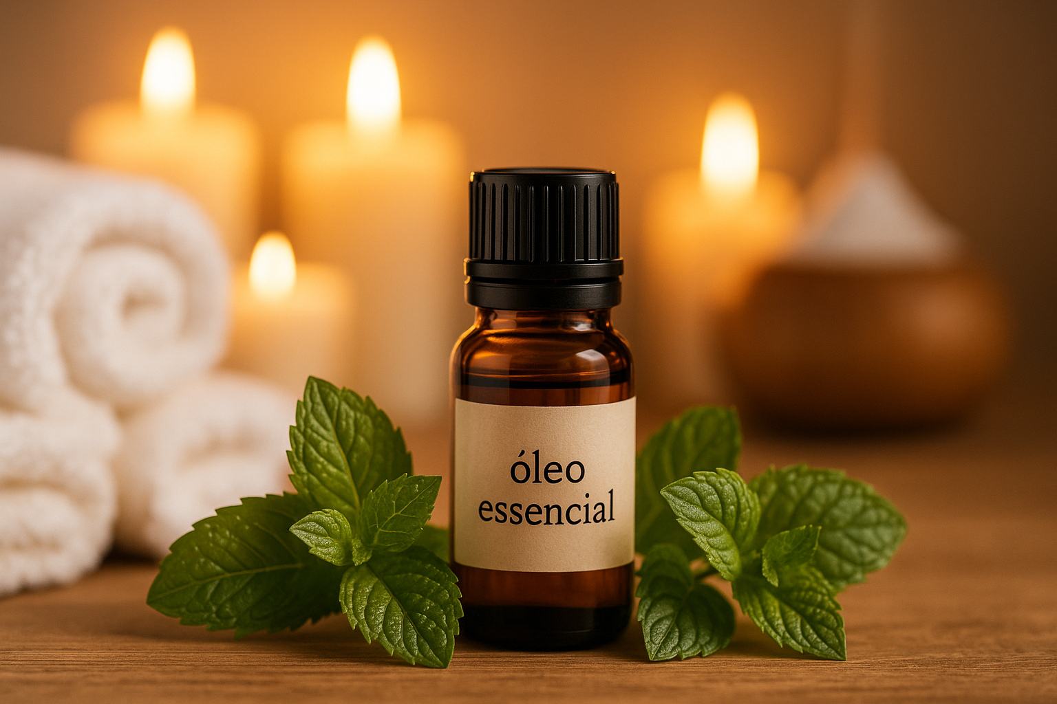 Frasco de óleo essencial em vidro âmbar com folhas de hortelã ao redor, em ambiente de spa aconchegante com toalhas e velas.