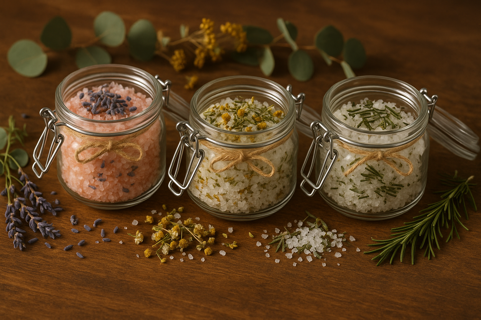 Três potes de vidro com sais de banho artesanais: sal rosa com lavanda e camomila, sal fino com hortelã e alecrim, e sal grosso com alecrim e capim-limão, em ambiente de spa aconchegante.
