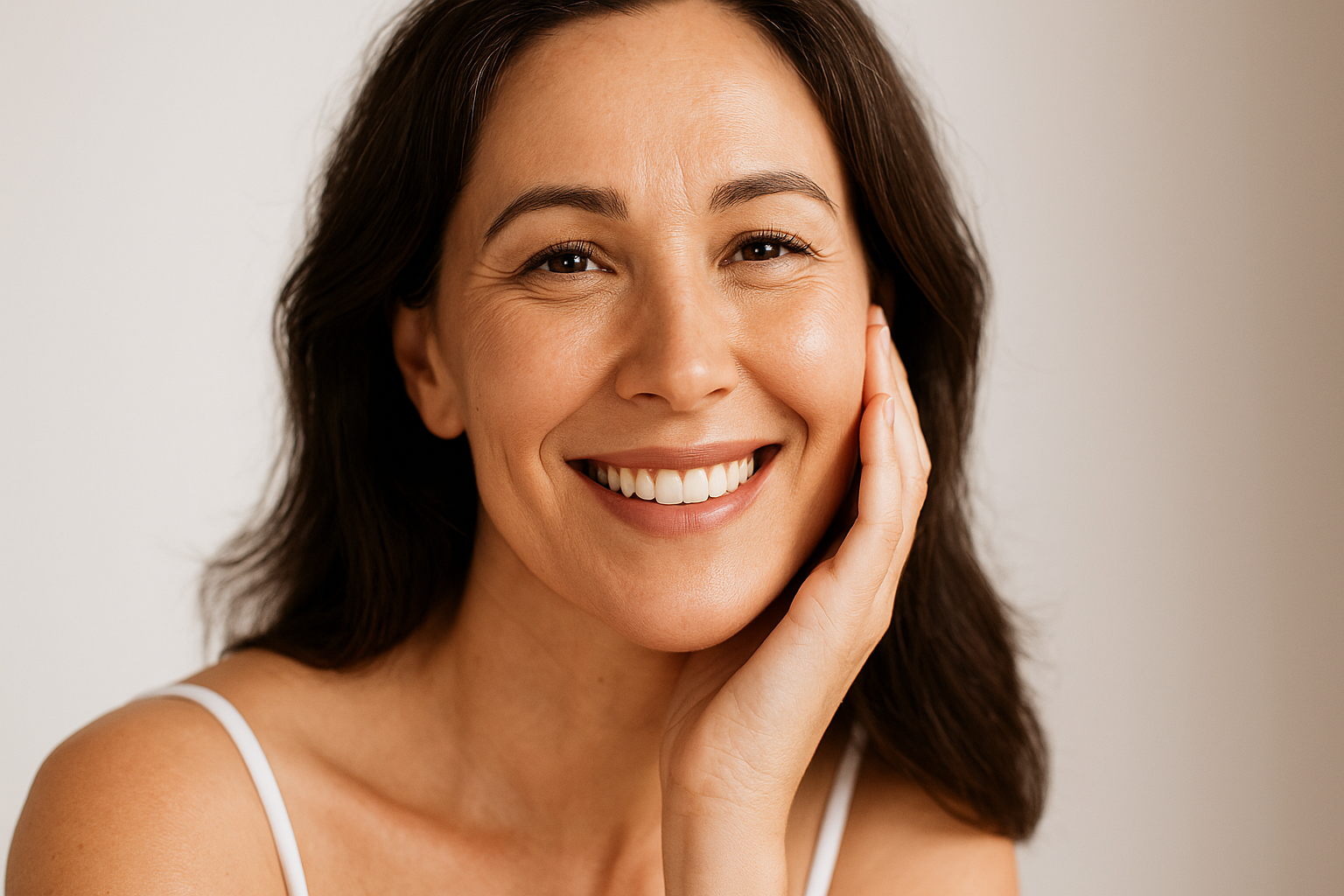 Vitacid mulher madura sorrindo, pele uniforme e luminosa, transmitindo confiança e resultado de cuidados com a pele