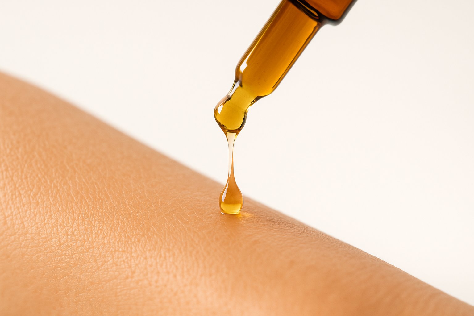 Gota dourada de óleo vegetal caindo de um conta-gotas sobre pele madura e saudável, representando os benefícios dos óleos vegetais para hidratar e equilibrar a pele.