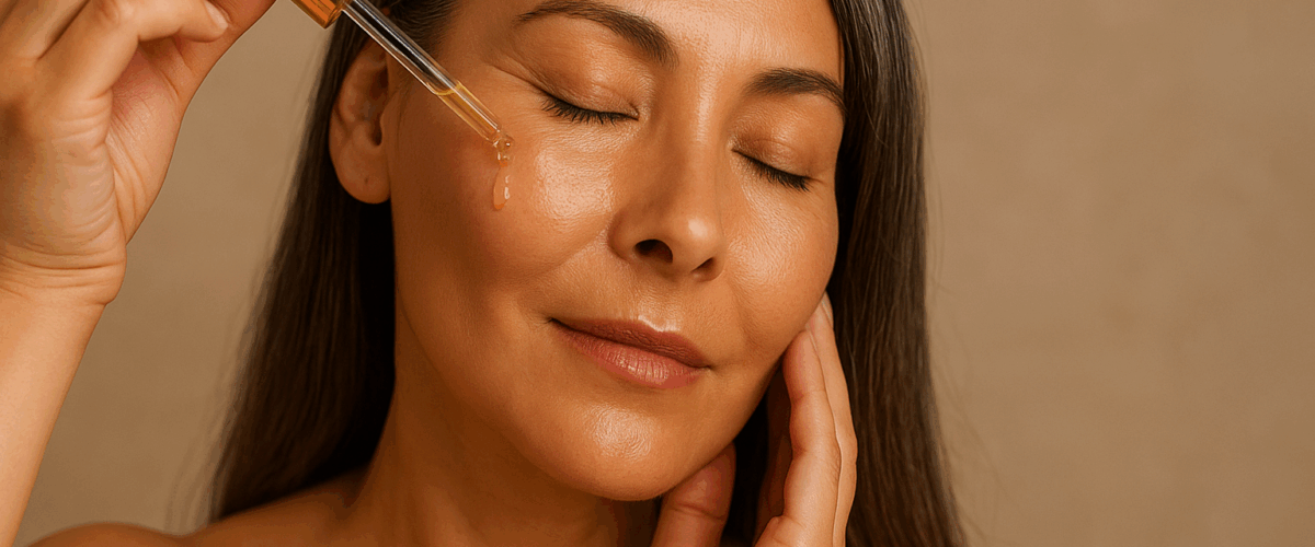 Mulher 40+ com pele madura e hidratada aplicando blend de óleos faciais com conta-gotas, mostrando luminosidade e cuidado natural.