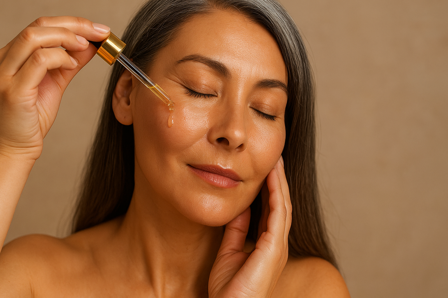 Mulher 40+ com pele madura e hidratada aplicando blend de óleos faciais com conta-gotas, mostrando luminosidade e cuidado natural.
