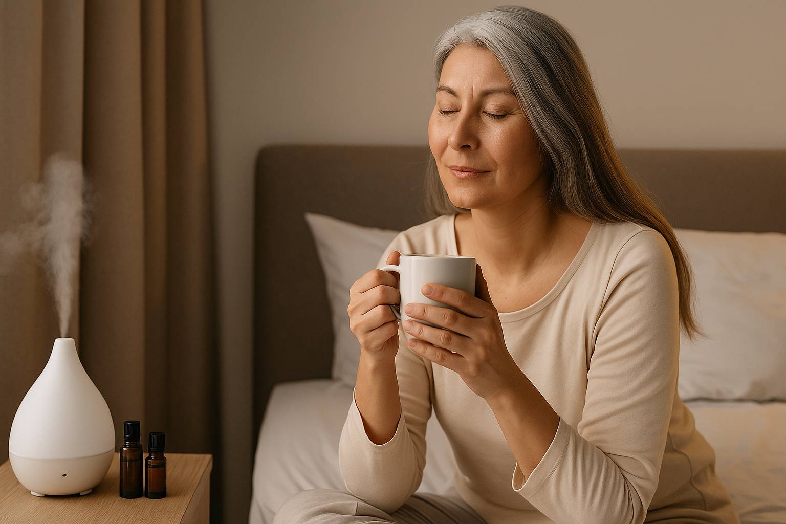 Mulher madura em momento de relaxamento com difusor de aromas e óleos essenciais, simbolizando alívio natural dos sintomas da menopausa.