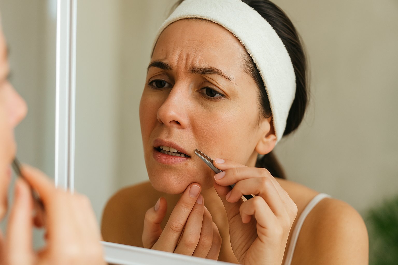 Mulher de meia-idade se olhando no espelho com faixa na cabeça e pinça na mão, removendo um pelo no queixo feminino.