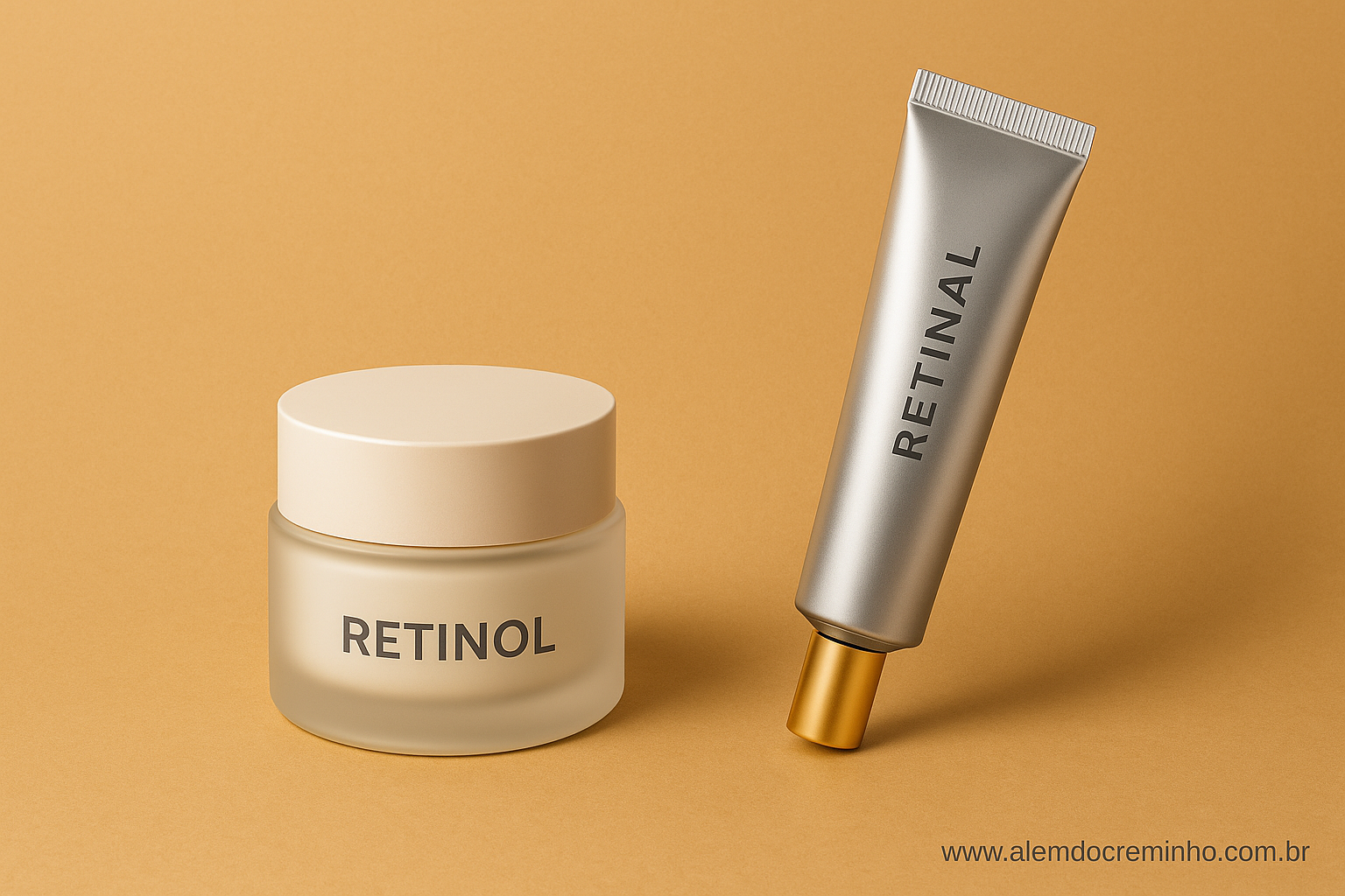 Comparação entre retinal e retinol em embalagens dermocosméticas de luxo lado a lado, representando suas diferenças na rotina de cuidados com a pele.